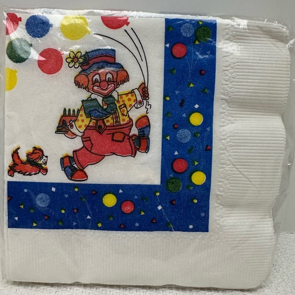 Vintage 1986 C.A.Reed Clown Theme Party Napkins 16 Count Factory Sealed